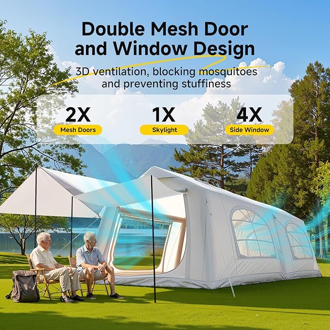 Inflatable Tent for Camping Waterproof Oxford Large Blow Up Hot Tent with Pump Easy Setup Inflatable Glamping House Air Tent for Family 4/6/8/10/12 People