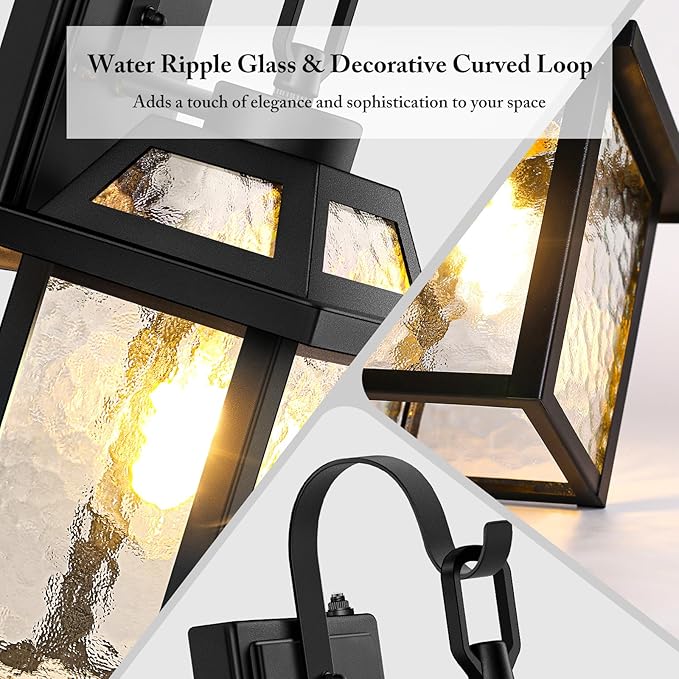 BesLowe Dusk to Dawn Outdoor Wall Lights Exterior Lighting Fixtures Wall Mount Porch Lights Outdoor Wall Sconces with Water Ripple Glass Outside Lights for House Front Door Garage 2-Pack