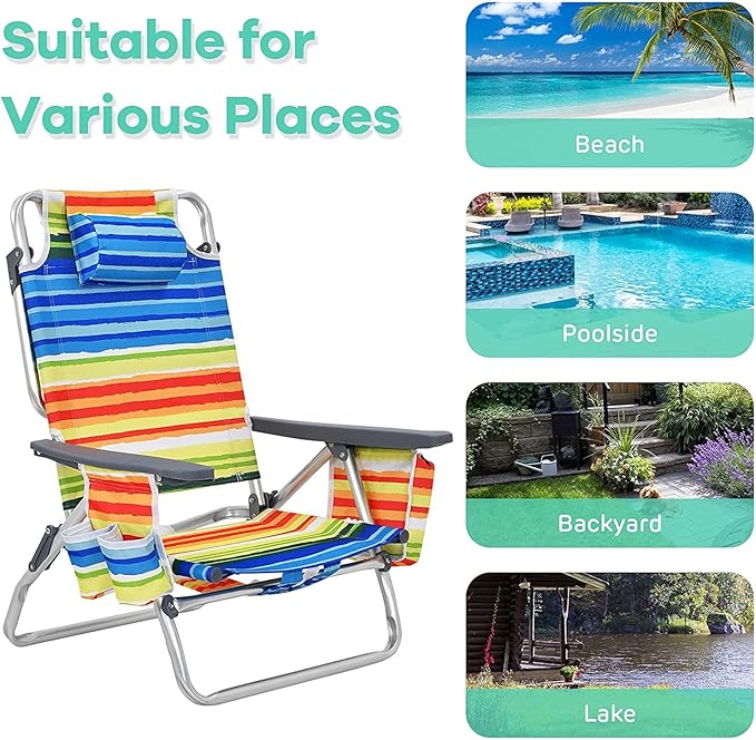 Goplus Beach Chair Folding Backpack Beach Chairs for Adults with 5 Positions Head Pillow Cooler Bag Towel Bar Cup Holders Sunbath Sling Tanning Lounge Foldable Layout Camping Chairs