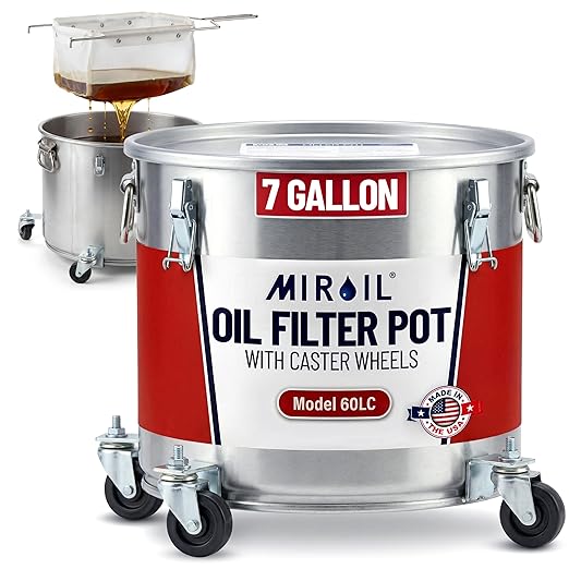 MirOil Oil Disposal Caddy with Caster Wheels (7 Gallon) – Heavy Duty Silver Filter Pot with Lid Lock for Commercial Kitchen Disposal Storage - Up to 55lb Grease Container for Kitchen - Model #60LC
