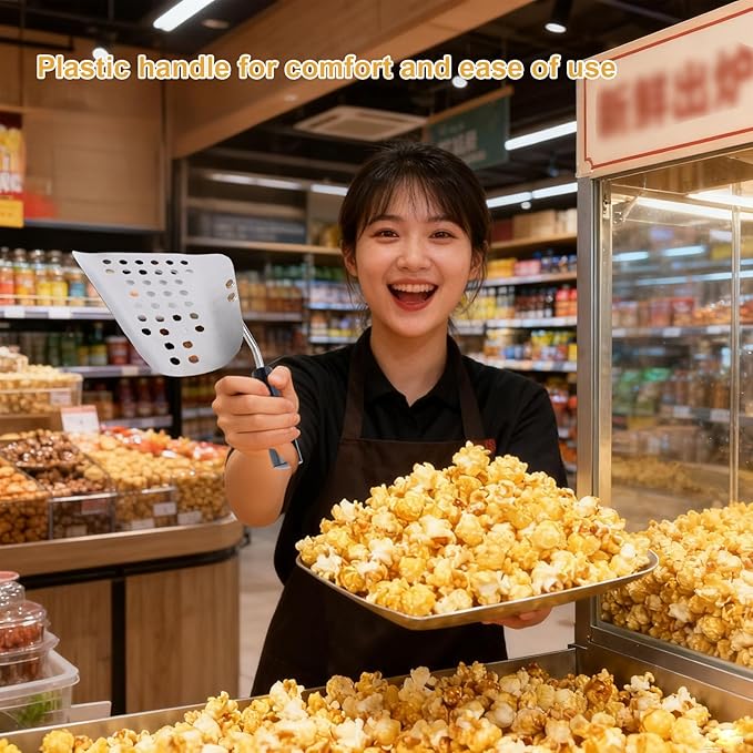 Diydeg Popcorn Scoop Stainless Steel Perforated Quick Fill Tool with Comfortable Plastic Handle for Commercial Restaurant Cinema Concession Stands and Home Use