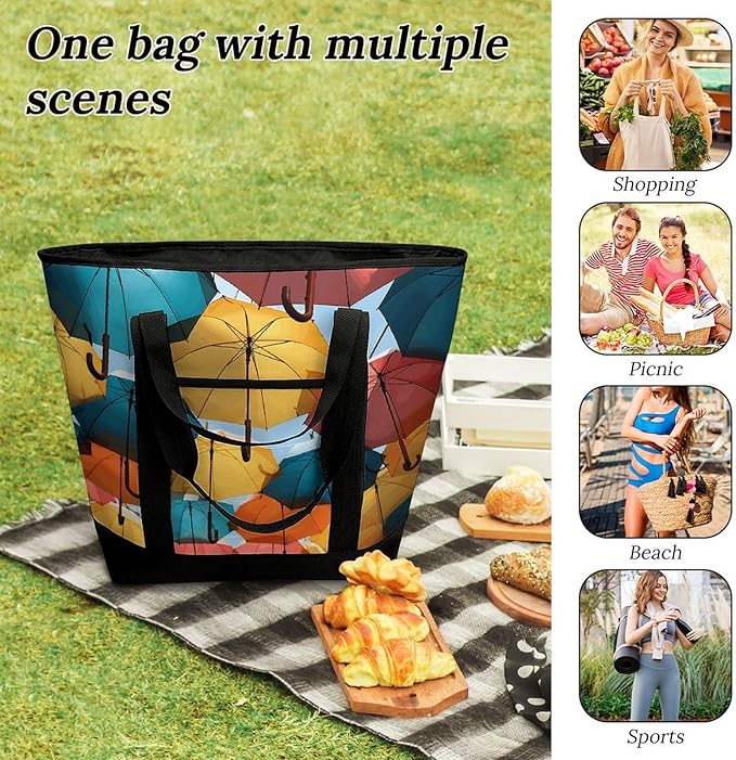 Insulated Shopping BagLarge Reusable Cooler Bags Colored Umbrellas Printed Foldable Shopping BagTravel Waterproof Shoulder Bag