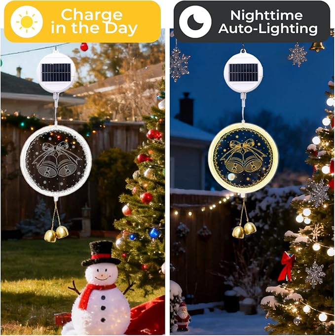 Solar Hanging Lights - Outdoor Indoor Christmas Decorations for Window Garden Patio PorchHoliday Home Decor (Jingle Bell)