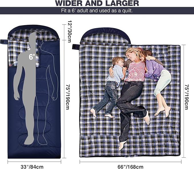 REDCAMP Flannel Sleeping Bag for Adults Comfortable Cotton Sleeping Bags for Camping with Detachable Hood Red/Grey/Blue/Black