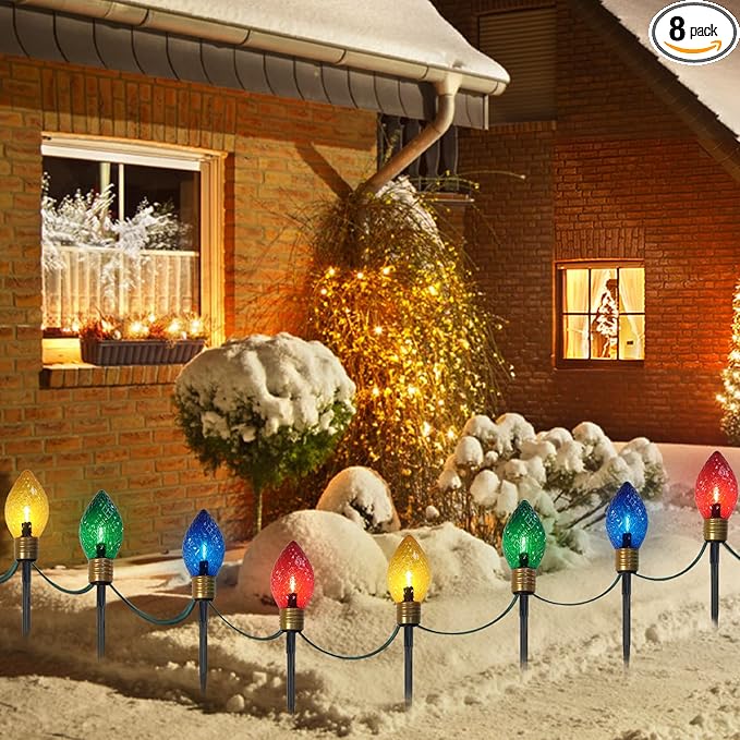 2 Pack Jumbo Christmas Pathway Lights Outdoor Total 14FT 8Pcs Multicolor Diamond Connectable Plug in Walkway Lights for Driveway Fence Yard Holiday Decor Green Wire