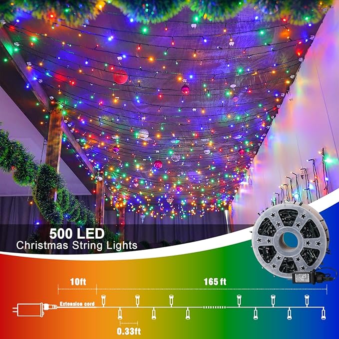 QITONG 500 LED 165ft Christmas String Lights Outdoor Waterproof Multicolor Lights wiht 8 Modes Green Wire Twinkle String Lights Plug in
