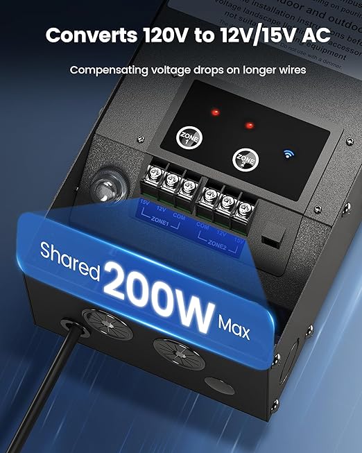 SURAIELEC Smart Wi-Fi Low Voltage Transformer 200W Indoor Outdoor Landscape Lighting Transformer with 2 Zones 120V AC to 12V 15V AC Multi Tap Power Supply Works with Alexa &amp Google Assistant
