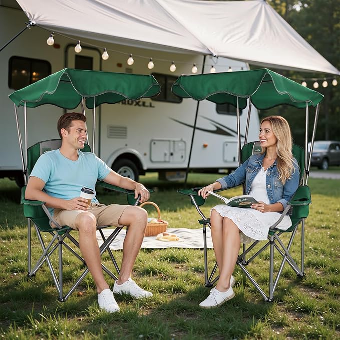 Northroad Folding Camping Chairs with Canopy Shade Beach Chair w/Cup Holders Armrests &amp Carry Bag for Outdoors Travel Sports Fishing Green