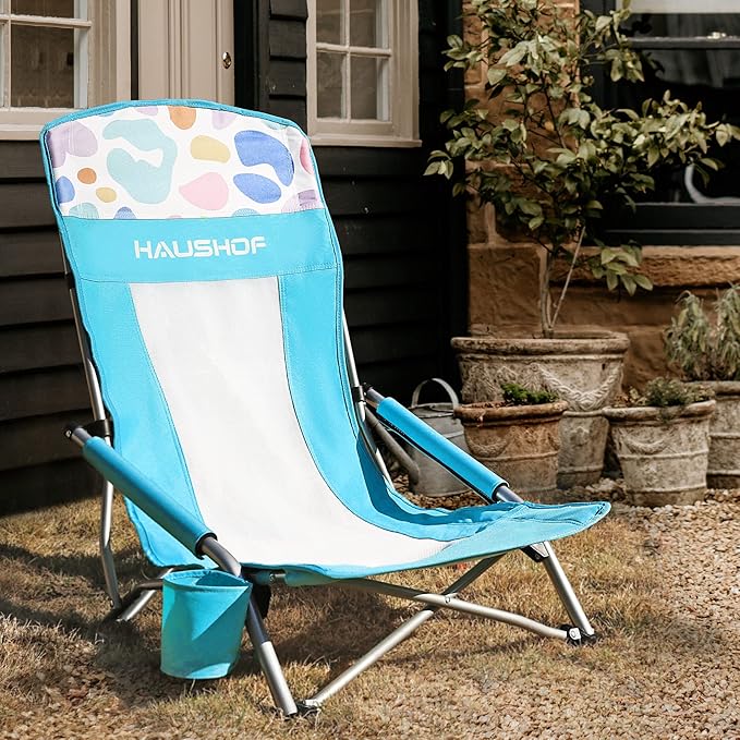 HAUSHOF High Back Beach Chair Mesh Back Folding Chair Lightweight Low Seat Camping Chairs with Cup Holder Carry Bag Padded Armrest for Outdoor Beach Lawn Camping Picnic Festival
