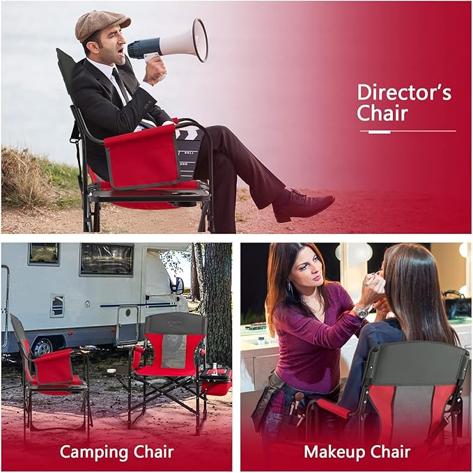 COSTWAY Folding Camping Chair Heavy-Duty Director Chair Supports 400lbs for Adults with Side Table Cooler Bag Storage Strap Portable Makeup Chair Suitable for Fishing Picnic