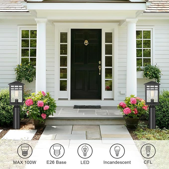 Outdoor Post Light Fixture Modern Exterior Pillar Lantern with Black Finish &amp Seeded Glass Pole Light for Garden Backyard Courtyard Patio Porch RZ009-P BK