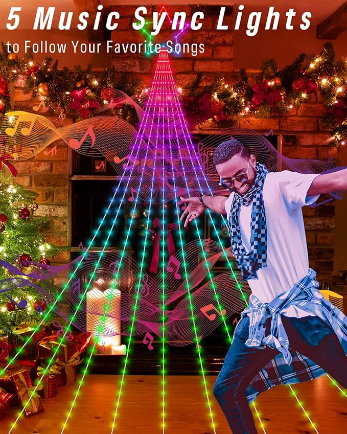 Outdoor Christmas Decorations Lights with Star Smart DIY Custom Display 11.8Ft 100 Modes Yard Waterfall Tree String Lights App Control 344LED RGB Color Changing Music Timer for Xmas Tree Lawn Decor