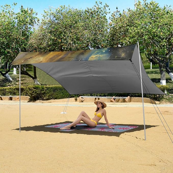 ALAZA Bee Nebula Starry Sky Beach Tent Sun Shelter UPF50+ Protection Beach Shade Canopy w/ 4 Sandbags for Outdoor Camping Fishing Backyard Fun Picnic 10x9 ft