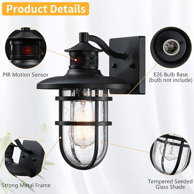 2 Pack Outdoor Wall Sconce with Motion SensorOutside Dusk to Dawn Exterior Wall MountIndustrial Anti-Rust Lantern Wall Lamp for PorchDoorwayGarageYardPatio