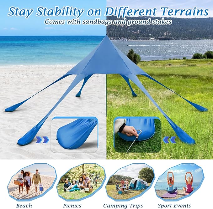Goplus Beach Canopy 20 x 20 FT Beach Shade with UPF50+ Sun Protection Carrying Bag Sand Shovel Aluminum Pole 6 Ground Stake Portable Sun Shelter Outdoor Beach Tent for Backyard Camping Picnic