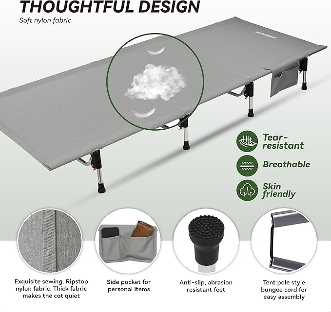 MARCHWAY Lightweight Folding Tent Camping Cot Bed with Lever Lock Easy Setup Portable Compact for Outdoor Travel Hunting Hiking Motorcycling Support 330Lbs (Grey)