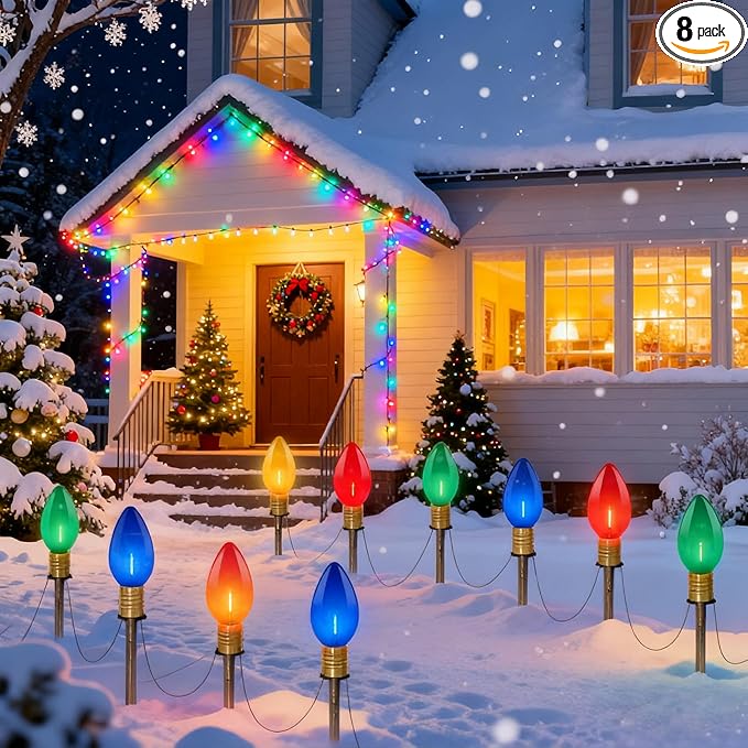 Abeja 2 Pack 7Ft C9 Outdoor Pathway Lights Outdoor Christmas Pathway Markers Stakes Lights with 8 Jumbo C9 Multicolor LED Bulbs Connectable Christmas Yard Decoration for Driveways Garden Holiday