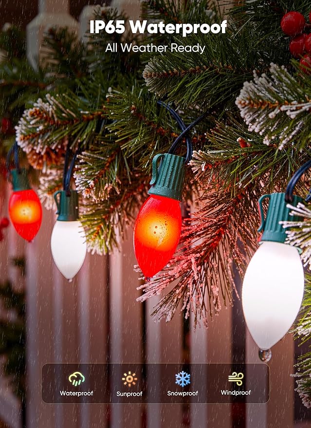 C9 LED Christmas Lights Outdoor 50 Feet String with 50 Shatterproof Matte Bulbs Connectable Waterproof Tree Lights for Holiday Roofline Backyard Garden Decor Red &amp Pure White