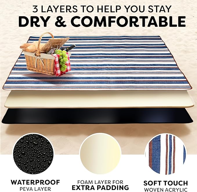scuddles 60 x 80 Extra Large Outdoor Picnic Blanket – Waterproof Foldable Travel Mat for Beach Camping Grass Lawn Park – Dual Layer Sand-Free Soft Throw Rug Fits 4 Adults Summer Accessories