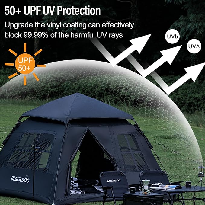 Blackdog Portable Camping Tent - 2-4 Person Waterproof Instant Pop Up Tent UPF50+ Sun Protection 5㎡ Large Space for Family Car Camping &amp Traveling Easy Setup (Black)