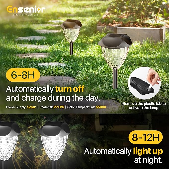 Ensenior 8-Pack Solar Lights Outdoor Auto ON/Off 6500K LED Solar Garden Lights for Pathway Yard Patio Walkway Planter Waterproof Energy-Efficient Landscape Lighting