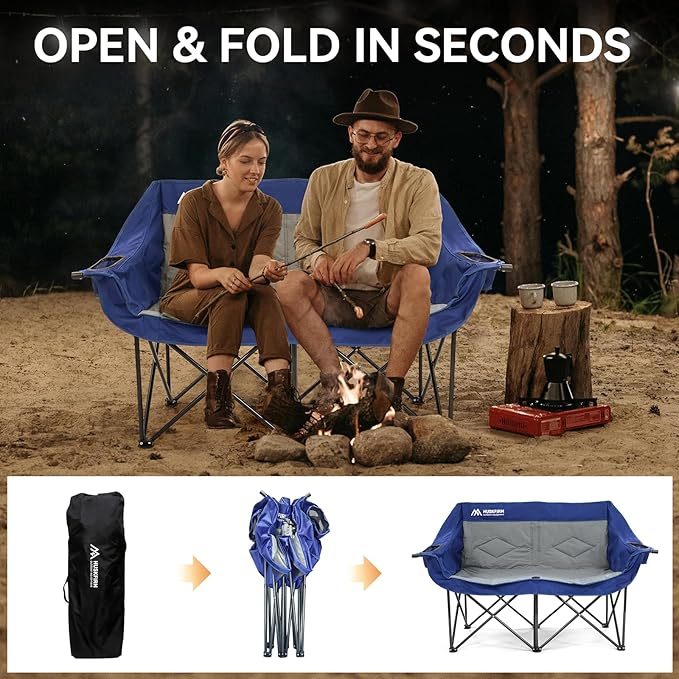 Double Camping Chairs Oversized Loveseat - 2 Person Camping Chair Portable Lawn Folding Chair for Outside Adults - Heavy Duty Outdoor Camping Couch with Cup Hold Blue
