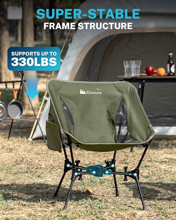 Gonex Portable Camping Chair The 5th Gen Ultralight Compact Backpacking Foldable Lightweight Folding Chair for Outdoor Camp Hiking Beach Picnic Concert Supports 330lbs (Army Green 2 PCS)