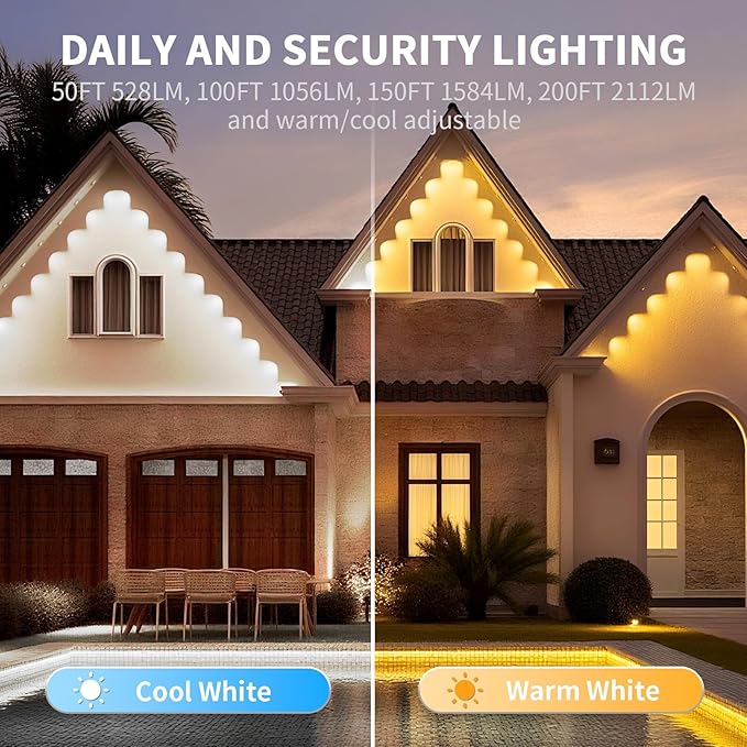 mw Permanent Outdoor Lights for House 50ft RGB+IC Smart Outdoor Decor 50 Scene Modes App/Remote Control IP68 Waterproof House Eave Lights for Halloween Christmas Party Decor
