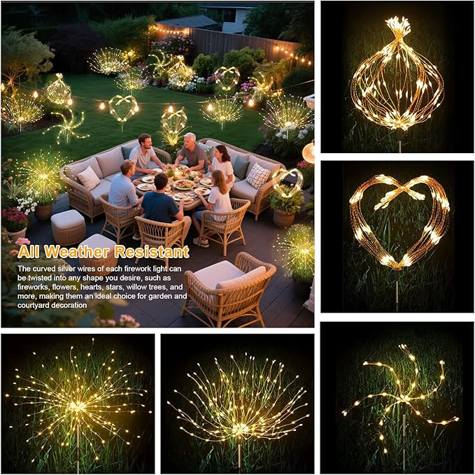 Solar Garden Firework Lights Outdoor Waterproof 4 Pack Solar Lighting with 8 Lighting Modes 120 LED Sparklers String Lights for Outside Decor Yard Pathway Decorations(Warm)
