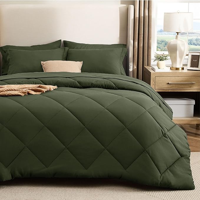 Bedsure 5 Pieces Twin Comforter Set Premium Series Hotel Luxury Soft Bed in a Bag Goose Down Alternative Safe for Sensitive Skin Bedding Comforter All Season Medium Warmth Olive Green Twin Size