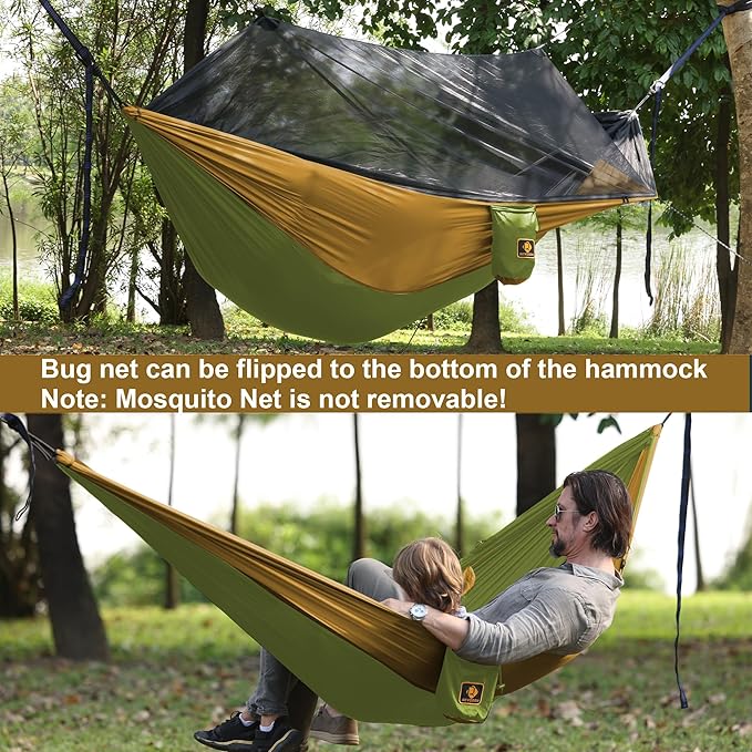 Camping Hammock with NetPortable Lightweight Double Hammocks with Tree Straps and Solid D-Shape CarabinersParachute Nylon Hammock for Backpacking Beach Backyard Patio Hiking Green&ampKhaki