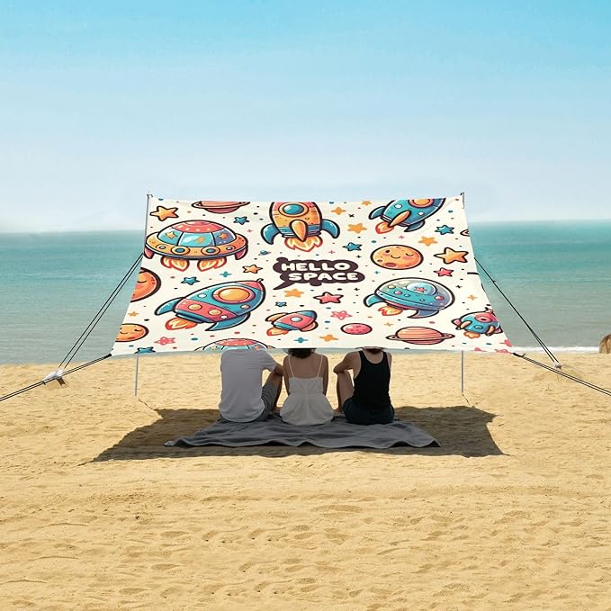 Cartoon Spaceship Cute Spaceship with The Word Camping Sun Shelter Beach Tent Portable Beach Sun Shade Outdoor Canopy for Camping Trips Fishing Picnic