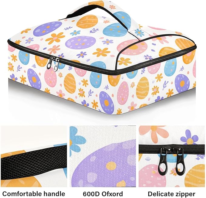 Casserole Carrier Cute Easter Colorful EggsInsulated Casserole Carrier for Hot or Cold Food Thermal Lunch Tote for Potluck Parties Picnic Beach Fits 9 x 13 Inches Baking Dish