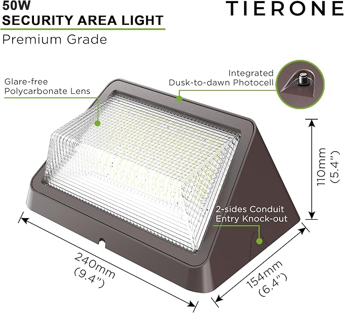 TIERONE 50W LED Wall Pack Light Dusk to Dawn Photocell Outdoor Commercial Security Area Lighting Fixture UL Listed 5500LM 4000K Daylight 400W HPS/HID Equivalent IP65 Waterproof 120-277V 2PACK