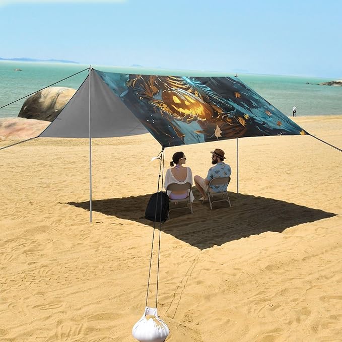 ALAZA Halloween Skull Pumpkin Beach Tent Sun Shelter UPF50+ Protection Beach Shade Canopy w/ 4 Sandbags for Outdoor Camping Fishing Backyard Fun Picnic 10x9 ft