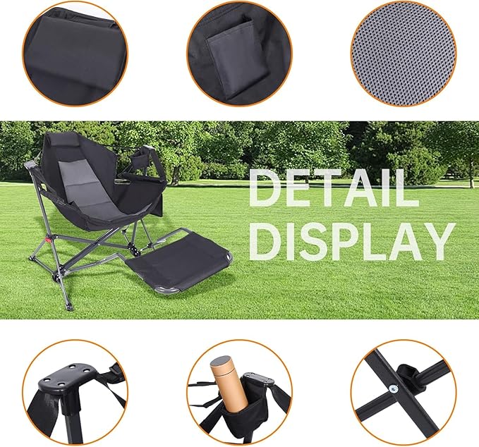 Hammock Chair Hammock Camping Chair with Removable Footrest Rocking Chair Outdoor Camping Chair Swing Hammock with Stand Carry Bag Cup Holder (1 Pack)