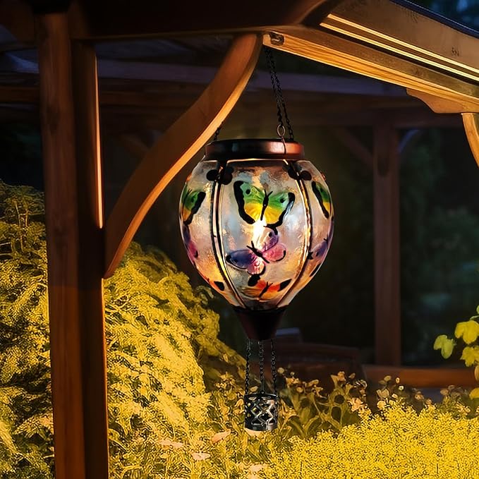 Glass Solar Hot Air Balloon Lantern with Flame Hanging Garden Flickering Light Outdoor Waterproof for Yard Patio Tree Mother's Day Gift Butterfly