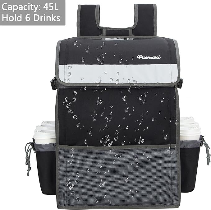 PACMAXI Food Delivery Backpack Insulated Food Delivery Bag with 6 Cup Holder Reusable Food Delivery Bag with Reflective Straps(Black)