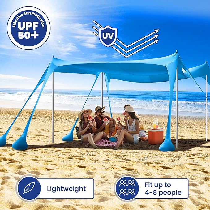 Rhino Valley Beach Tent Shade Canopy UPF50+ Protection 8 Sandbags 4 Stability Poles Outdoor Sun Shelter Umbrella for Sand Camping Fishing Essentials