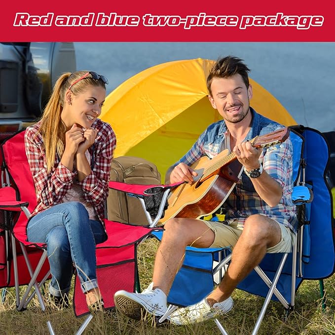 Portable Folding Camping Chair - Lightweight Durable Outdoor Chair for Camping Fishing Beach Lawn and More - Comfortable Folding Chairs for Outside Activities(Blue+RED)