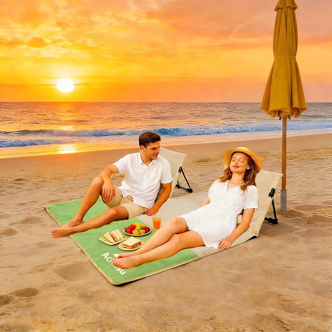 Beach Mat Lounge Chair 2-Person Foldable Lightweight Lounge Mat with Back Support600D Oxford 49x49 Widen Beach Seat Storage Bag for Holidays Garden Camping Swimmingpool (Khaki &amp Green)