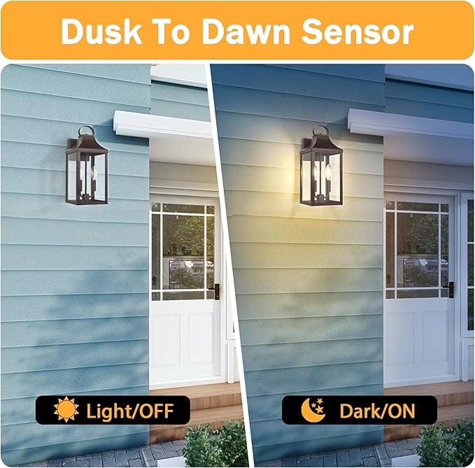 15 Dusk to Dawn Outdoor Wall Lantern 2-Light Outside Modern Wall Sconce Light Fixture Industrial Porch Light Wall Mount with E12 Sockets Waterproof Exterior Lamp Lighting Brown