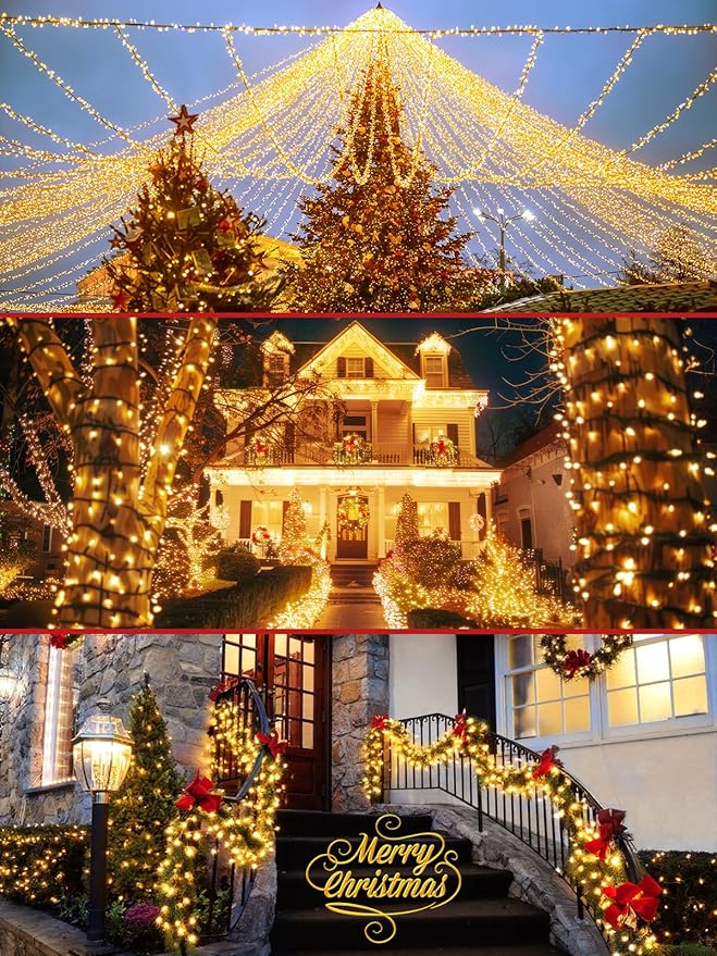 2-Pack 66FT 200 LED Christmas Lights 13 Modes Extendable Christmas Tree Lights with Timer &amp Memory Waterproof Twinkle Fairy Lights Green Wire Outdoor String Lights Indoor for Xmas Tree (Warm Whi