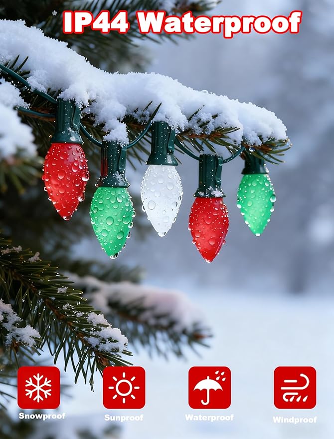 C7 LED Christmas Lights Outdoor - 25ft Red White and Green String Lights With 27 Ceramic Bulbs(2 Spare) Waterproof Commercial Grade Extendable for Indoor Outdoor Roofline Patio Yard Xmas Decor