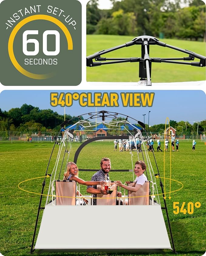 Pod All Weather Sports Tent Outdoor Pop Up Bubble Clear 540° View Winter Tent for 1-2 Person Instant Cold Weather Shelter with Rainfly for Soccer Football Softball &amp Other Sports Events