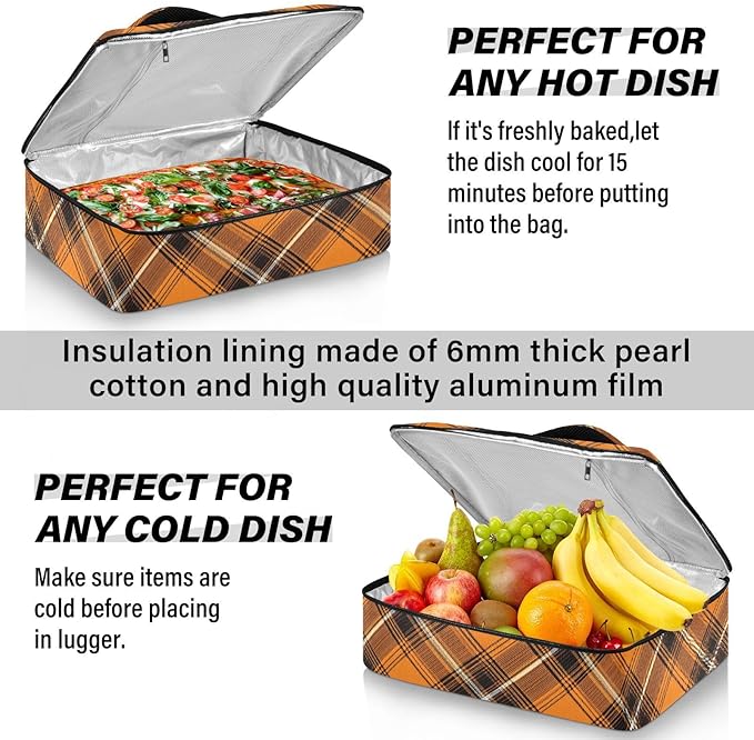 Casserole Carrier Orange and Brown Tartan Print Insulated Casserole Carrier for Hot or Cold Food Thermal Lunch Tote for Parties Picnic Travel Carry Bag