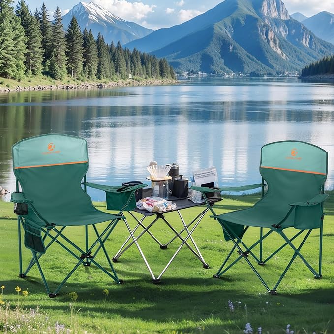 LET'S CAMP Camping Chair 2 Pack Folding Chair with 3-Can Cooler Bag Portable Lawn Chair with Cup HolderStorage Pocket Supports 225LBS Collapsible Chair for Camp Beach Picnic (Green)