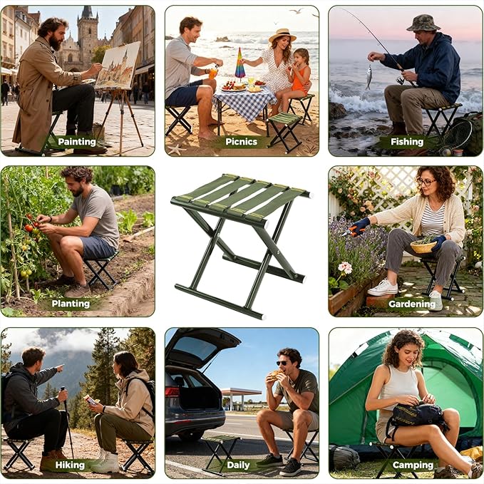 Heavy Duty Folding Stool Full Steel Frame Camping Stool for Adults 400LBS Capacity Military Green Portable Stool with Thickened Webbing Anti-Slip Feet for Outdoor Camping Hunting Fishing Gardening
