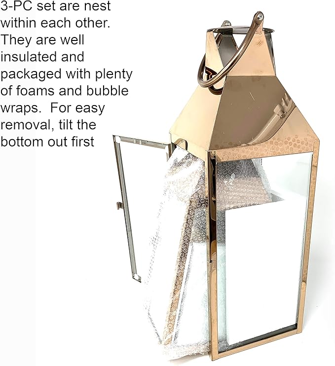 Allgala 3-PC Lantern Set 24 Inch Jumbo Deluxe Modern Indoor/Outdoor Candle Lantern Set Rose Gold Stainless Steel Frame Tempered Glass Pyramid Top for Garden Poolside Fireplace Wedding