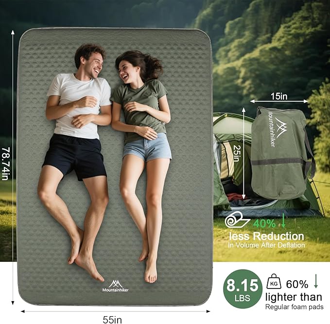 Self Inflating Double Sleeping Pad with Foam and Electric PumpInnovative Y-Shaped Telescopic Structure4.3 Thick Ultraportable Camping MattressOutdoor Compact Air Mat for Tent Car（4.2*79*55 inch）
